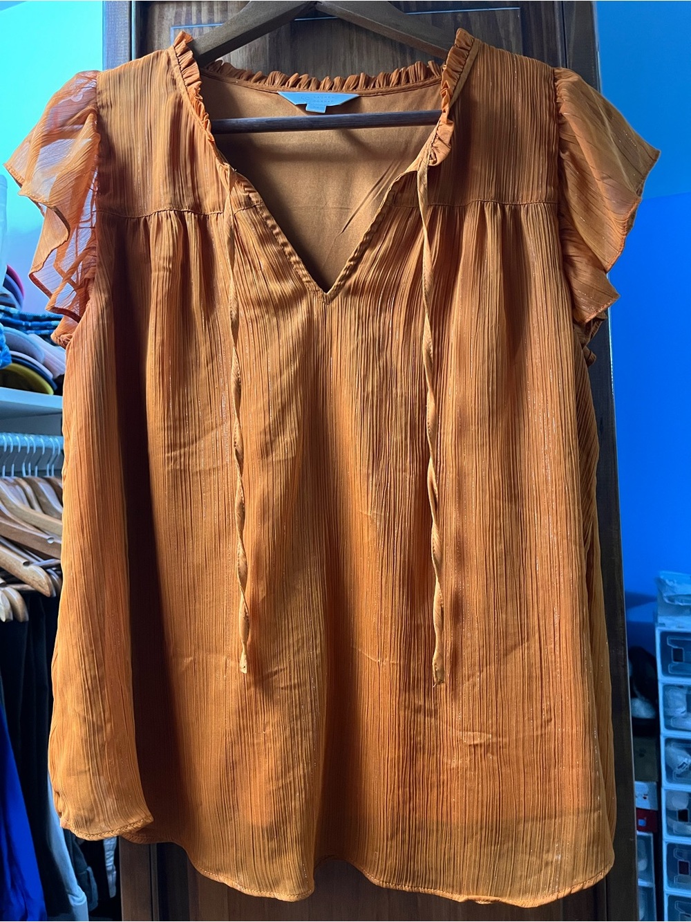 LC Lauren Conrad Rust Orange Ruffled Flutter-Sleeve V-Neck Blouse